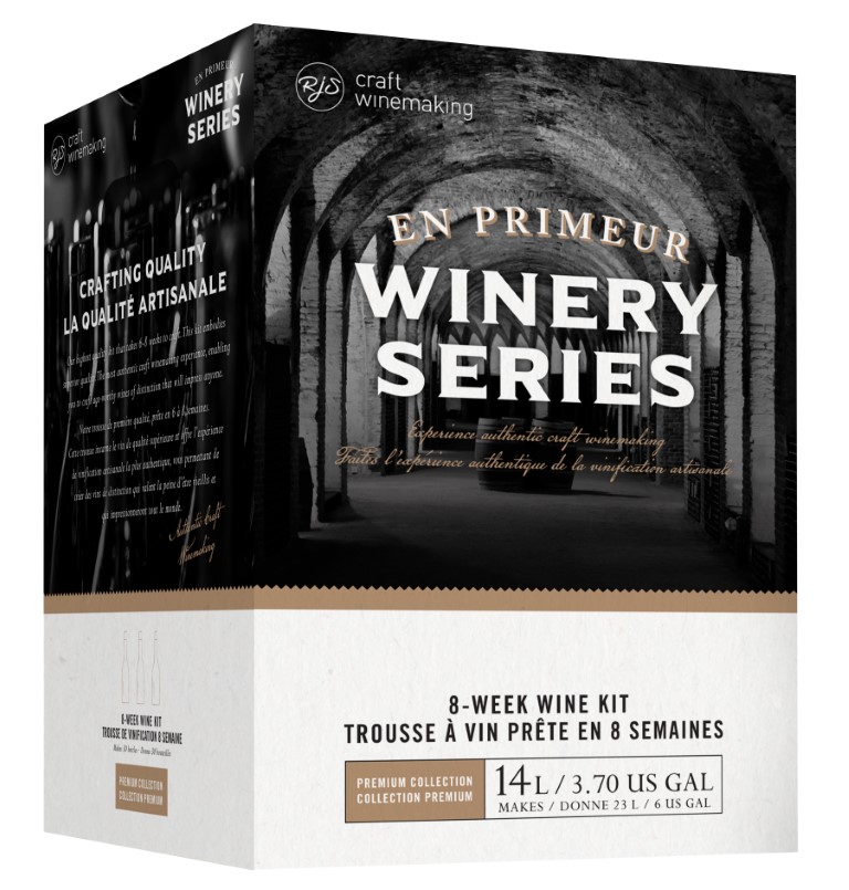 RJS En Primeur Winery Series carton, a 14 L eight-week wine kit, showing a barrel cellar archway on the front