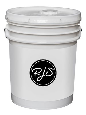 White plastic primary fermenting pail with a snap-on lid and the RJS logo on the front